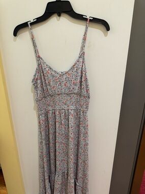 Floral Smocked Waist Maxi Dress - Light Blue with Coral Flowers